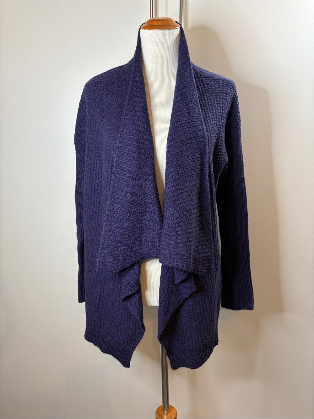 Eileen Fisher Violet & Black Merino Wool Blend Draped Open-Front Cardigan L